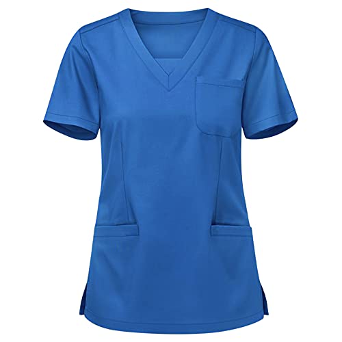 Kasacks Damen Pflege Blau Günstig Berufsbekleidung Oberteile Kurzarm Arbeitskleidung Tshirt Mit V-Ausschnitt Medizinische Uniform Krankenschwester Kostüm S-XXL Schlupfkasack von Generisch