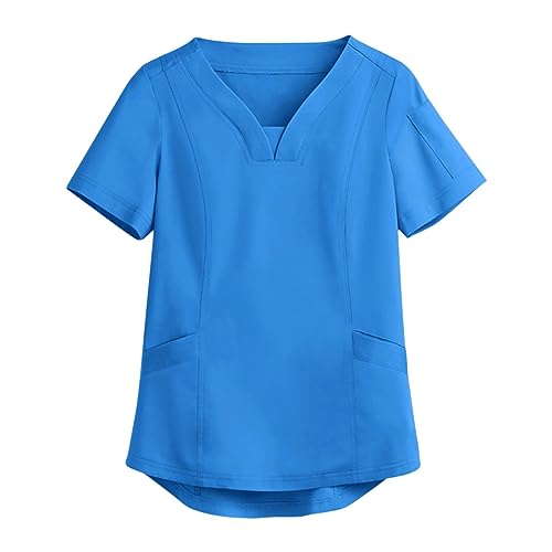 Kasacks Damen Pflege Blau Günstig Berufsbekleidung Oberteile Kurzarm Arbeitskleidung Tshirt Mit V-Ausschnitt Medizinische Uniform Krankenschwester Kostüm S-XXL Schlupfkasack von Generisch