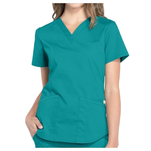 Kasacks Damen Pflege Grün Günstig Berufsbekleidung Oberteile Kurzarm Arbeitskleidung Tshirt Mit V-Ausschnitt Medizinische Uniform Krankenschwester Kostüm S-XXL Schlupfkasack von Generisch