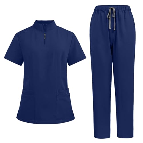 Kasacks Damen Pflege Set Schrubb Set Schlupfkasack + Schlupfhose Set Kurzarm Reißverschluss Medizinische Berufsbekleidung mit Taschen Pflege Kleidung Damen Kasack Altenpflege Arbeitskleidung von Generisch