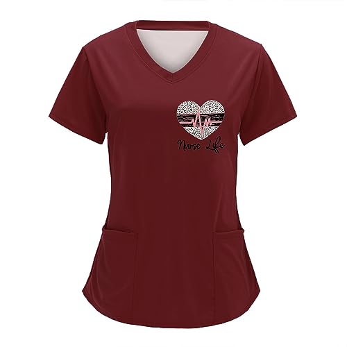 Kasacks Damen Pflege Weinrot Günstig Berufsbekleidung Oberteile Kurzarm Arbeitskleidung Tshirt Mit V-Ausschnitt Medizinische Uniform EKG Muster Krankenschwester Kostüm S-XXL Schlupfkasack von Generisch
