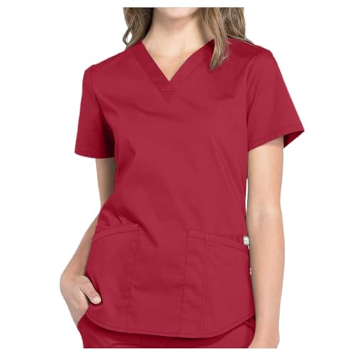 Kasacks Damen Pflege Weinrot Günstig Berufsbekleidung Oberteile Kurzarm Arbeitskleidung Tshirt Mit V-Ausschnitt Medizinische Uniform Krankenschwester Kostüm S-XXL Schlupfkasack von Generisch