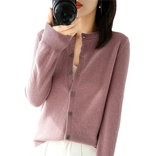 Kaschmir-Cardigans Damen O-Ausschnitt Einreiher Lady Strickwaren Tops Solide Strickjacke, Bohnenpaste violett, XL von Generisch