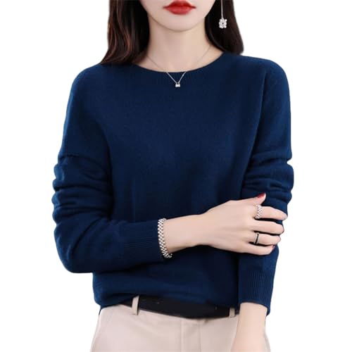 Kaschmir-Pullover für Damen, 100 % Kaschmir, Rundhalsausschnitt, weicher Langarm-Pullover, Damen-Pullover aus 100 % Merinowolle, dunkelblau, XXL von Generisch