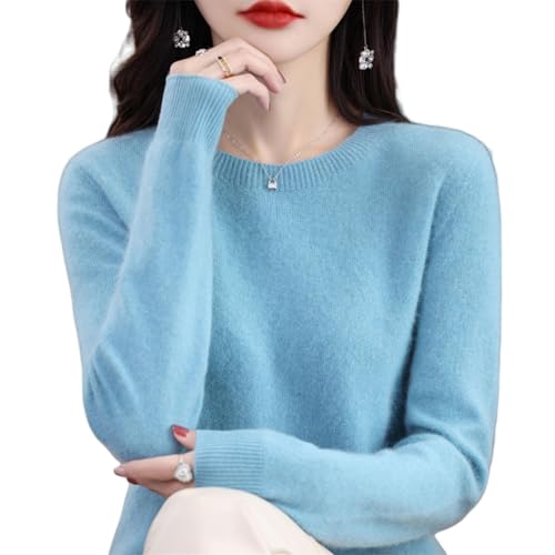 Kaschmir-Pullover für Damen, 100 % Kaschmir, Rundhalsausschnitt, weicher Langarm-Pullover, Damen-Pullover aus 100 % Merinowolle, seeblau, M von Generisch