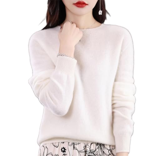 Kaschmir-Pullover für Damen, 100 % Kaschmir, Rundhalsausschnitt, weicher Langarm-Pullover, Damen-Pullover aus 100 % Merinowolle, weiß, M von Generisch