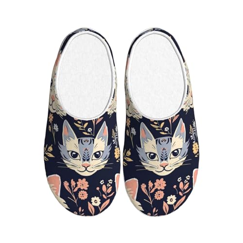Katze Blumen Damen Hausschuhe Flanell Haus Pantoffeln für Männer Kätzchen Tier rutschfeste Warme Winterschuhe für Indoor Outdoor, mehrfarbig, X-Small Men/ XX-Large Women von Generisch
