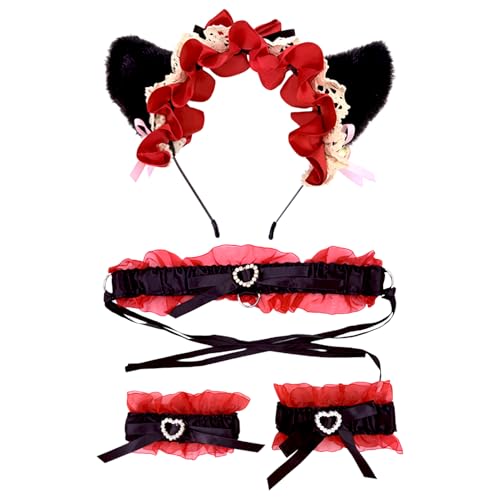Katzenohren Stirnband 22x17 Cm | Katzenohren Headband Mit Glöckchen Plush Und Polyester Für Cosplay Partys Karneval Halloween Weihnachten Fasching Accessoires Set Inklusive Halskette Und Armband von Generisch