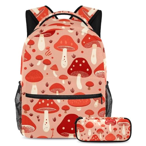 Keep Their Essentials in One Place, 2-teiliges Kinder-Schultaschen-Set, Rucksack und Federmäppchen, rotes Pilzmuster, mehrfarbig, B：29.4x20x40cm P：19x7.5x3.8cm, Tagesrucksäcke von Generisch