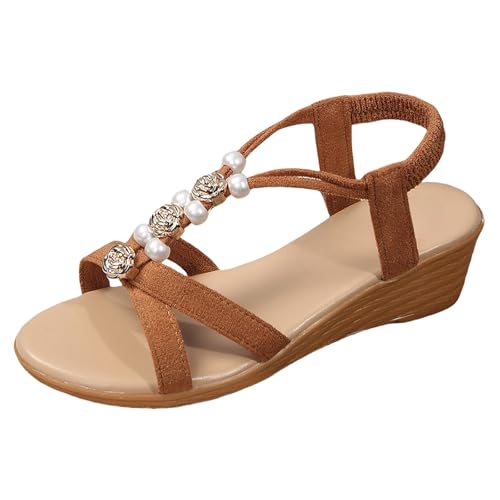 Keilabsatz Sandalen Damen, Plateau Sandaletten Damen Mit Perlen Und Blumen Sommerschuhe Boho Glitzer Freizeitsandalen Flache Outdoorsandalen Weiche rutschfest Keilsandalen Lässige Riemensandale von Generisch