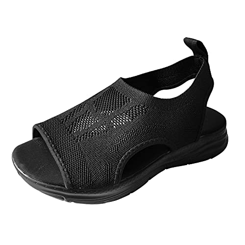 Keilabsatz Schuhe Damen Schwarz - Offener Slingback Slip on Kreuzgurte Schlupfsandalen Peeptoes Orthopädische Knöchelriemen Strand Zehenbereich Bohemia Freizeitschuhe Keilabsätze Bequeme von Generisch