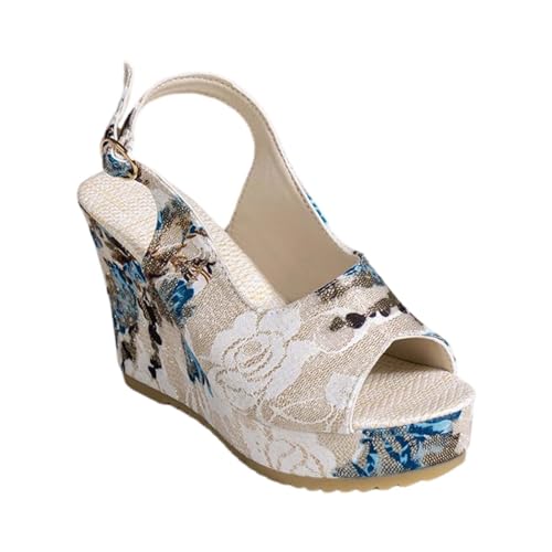 Keilsandalen Damen Wedges Pumps, High Heels Sandalen Slingback Plateau Sandaletten Mit Keilabsatz, Offene Zehe Outdoorsandalen Frauen Elegant Freizeitsandalen Blumenmuster Sommerschuhe Gr.37-43 von Generisch
