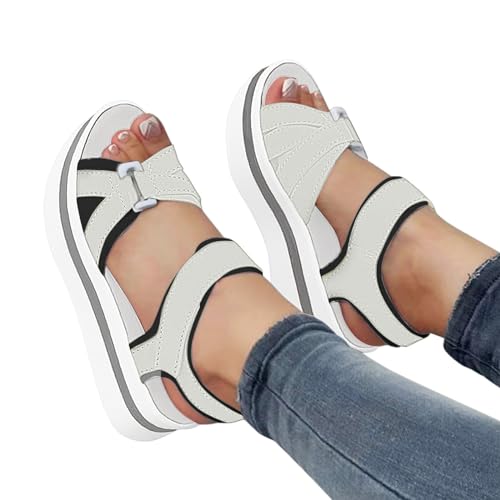 Keilsandaletten Damen Leder - Knöchelriemen Offener Slingback Strand Bohemia Keilabsätze Slip on Orthopädische Schlupfsandalen Freizeitschuhe Bequeme Kreuzgurte Zehenbereich Peeptoes von Generisch