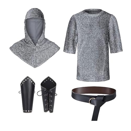 Kettenhemd Herren Mittelalterlicher Ritter Imitative Kette Coif Mittelalter Ritter Cowl Kreuzritter Kostüm Cosplay Kleidung Armschienen Taille Gürtel Set Halloween Outfit von Generisch