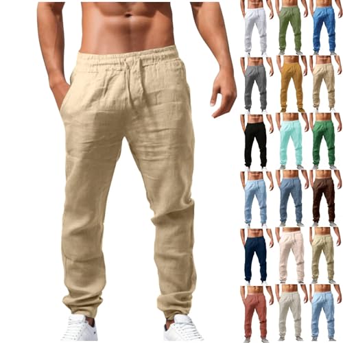 Khaki Leinenhose Herren Lang Casual Sommerhose Leichte und Luftige Strandhose Bequeme Freizeithose Leinen Baggy Hose Männer Niedrige Taille mit Kordelzug Gemütliche Haremshose Jogginghose XXL XL von Generisch