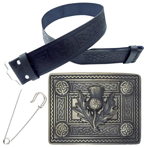 Kilt-Gürtel und Schnalle Set - Eleganter Herren Kilt-Gürtel Distel geprägtes Leder - Handgefertigte Zinnschnalle Antik-Silber-Finish Kiltnadel 7,6 cm, Messing Antqiue, XXL - Large von Generisch