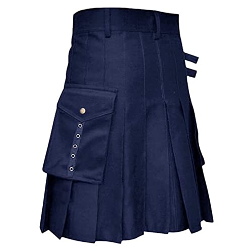 Kilt Herren Einfarbige Schottisch Rock Mit Cargo Taschen Mittelalter Knielanger Schottenrock Männer Karnevals Kostüm Schlanker Passform Regular Faltenrock (Navy, XL) von Generisch