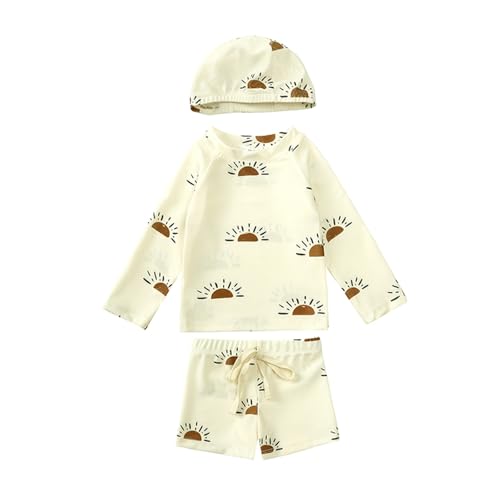 Kinder Badeanzug Jungen UPF 50+ UV Schutz Bademode Set Wassersport Schwimmanzug Baby Kleinkind Badeshorts mit Verstellbare Schnürung, 3 Teilig Badeset mit Langarm Schwimmshirt Badehose und Badekappe von Generisch