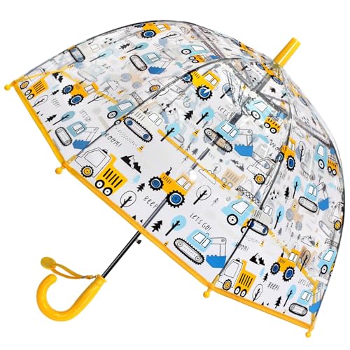 Kinder Clear Bubble Regenschirm Transparente Kuppel Durchsichtige Kinder-Regenschirme für Jungen und Mädchen mit kneifsicherem Verschluss und griffigem Hakengriff (Gelber Baggerr) von Generisch