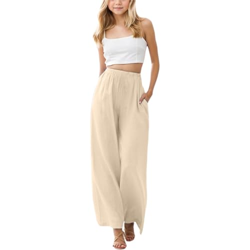 Kinder Freizeithose Mädchen 128 Sommer Hose Leicht Und Luftig Palazzo Hose Beige Lockere Sommerhose Lang Strandhose Elastisch Stoffhose Baggy Weite Hosen Wide Leg Pants Girl High Waisted Trousers von Generisch