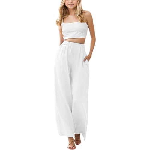 Kinder Freizeithose Mädchen 158 Sommer Hose Leicht Und Luftig Palazzo Hose Weiß Lockere Sommerhose Lang Strandhose Elastisch Stoffhose Baggy Weite Hosen Wide Leg Pants Girl High Waisted Trousers von Generisch