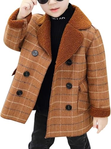 Kinder Frühling Herbst Mittellang Karierten Tweed Mantel Warm Plüsch Gefüttert Double Breasted Tweed Mantel Jungen Lässig Mode Vielseitig Reisen Mit Taschen Mantel (Karamell,130) von Generisch