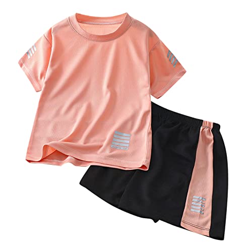 Kinder Jungen Trainingsanzug Sommer zweiteilig Sportanzug Rundhals T-Shirt Mit Shorts Kurze Sporthose Atmungsaktiv Schnelltrocknend Sportbekleidung Set für Jogging Fussball (Pink, 8-9 Years) von Generisch