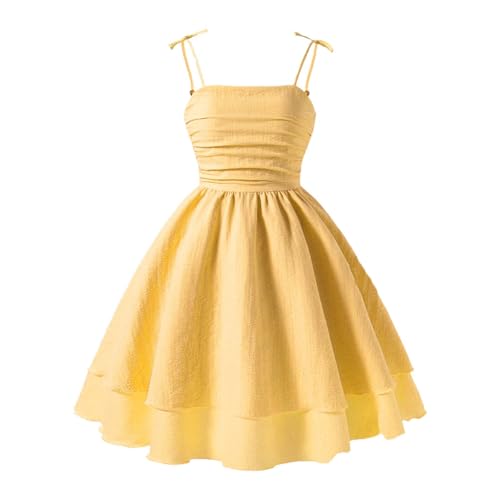 Kinder Kleider, Sommerkleid Mädchen A-Linie Prinzessin Kleider Hochzeit Teenager Trägerkleid Festlich Freizeitkleid Spaghettiträger Musselin Kleid Blumenmädchen, Yellow, 150 von Generisch