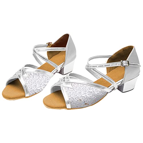 Kinder Latein Tanzschuhe Indoor Weiche Flache Ferse Pailletten Tanzschuhe Satin Indoor Tanzschuhe Baby Mädchen Winter Hausschuhe 24 Monate, silber, 31.5 EU von Generisch