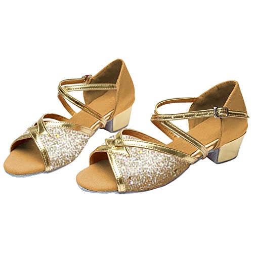 Kinder-Latein-Tanzschuhe für den Innenbereich, weiche Sohle, flacher Absatz, Pailletten-Tanzschuhe, Satin-Tanzschuhe für den Innenbereich Sandalen 30 (Gold, 34 Big Kids) von Generisch