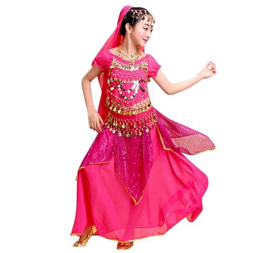 Kinder Mädchen Bauchtanz Kostüme 5-teiliges Set Rock + Oberteil + Taillengürtel + Schleier + Halskette Belly Dance Costumes Indische Tanzkleidung Hip Hop Street Dance Outfits Tanzkostüm von Generisch