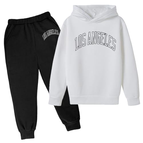 Kinder Mädchen Hoodie und Sweatpants Set Outfits 2 Stück Kapuzen-Sets Herbst Kleinkind Los Angeles California Casual Track Suits Jogginganzüge 2025 Loose Fit Sweat Suits Sweat Pants, weiß, 9-10 Years von Generisch