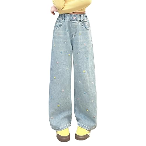 Kinder Mädchen Jeans Gerade Weite Beine Denim Jeans Hose Mit Gerissenen Herz Muster Elastisch Hohe Taille von Generisch