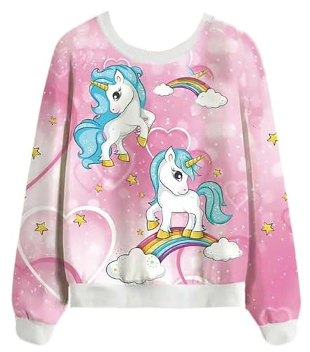 Kinder Mädchen Sweatshirt Pullover Langarm Shirt T-Shirt Top Bluse Pulli (DE/NL/SE/PL, Numerisch, 152, Regular, Einhorn Regenbogen) von Generisch