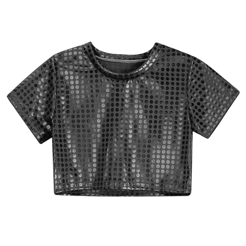 Kinder Pailletten Oberteil Jungen Mädchen Glänzend Glitter T-Shirt Kurzarm Crop Top Unterhemd Rundhals Party Show Tanzkleidung Karneval Kostüme von Generisch