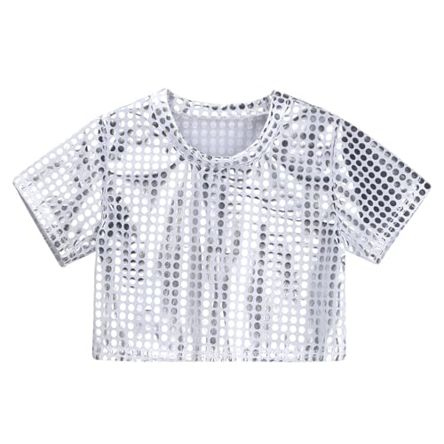 Kinder Pailletten Oberteil Jungen Mädchen Glänzend Glitter T-Shirt Kurzarm Crop Top Unterhemd Rundhals Party Show Tanzkleidung Karneval Kostüme von Generisch