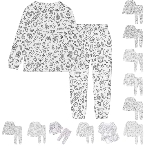 Kinder Pyjamas DIY Handbemaltes Homewear Set Schlafanzüge Zum Ausmalen Nachtwäsche Cartoon Druck Kunst Färben Zweiteilig Hausanzug Pjs mit Langärmliges & Hosen Loungewear für Jungen Mädchen 2-9 Jahre von Generisch