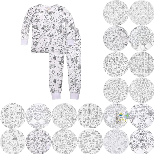 Kinder Pyjamas DIY Handbemaltes Homewear Set Schlafanzüge Zum Ausmalen Nachtwäsche Cartoon Druck Kunst Färben Zweiteilig Hausanzug Pjs mit Langärmliges & Hosen Loungewear für Jungen Mädchen 2-9 Jahre von Generisch