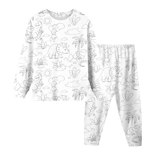 Kinder Pyjamas DIY Handbemaltes Homewear Set Schlafanzüge Zum Ausmalen Nachtwäsche Cartoon Druck Kunst Färben Zweiteilig Hausanzug Pjs mit Langärmliges & Hosen Loungewear für Jungen Mädchen 2-9 Jahre von Generisch