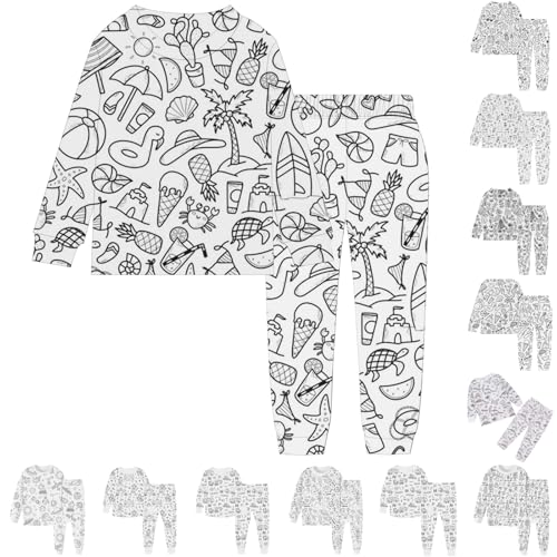 Kinder Pyjamas DIY Handbemaltes Homewear Set Schlafanzüge Zum Ausmalen Nachtwäsche Cartoon Druck Kunst Färben Zweiteilig Hausanzug Pjs mit Langärmliges & Hosen Loungewear für Jungen Mädchen 2-9 Jahre von Generisch