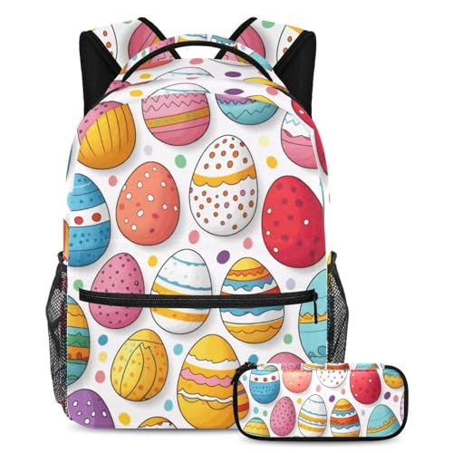 Kinder-Schultaschen-Set für Jungen, Mädchen, Teenager, Rucksack mit Federmäppchen, Ostereier, bunt, 2-teilig, mehrfarbig, B：29.4x20x40cm P：19x7.5x3.8cm, Tagesrucksäcke von Generisch