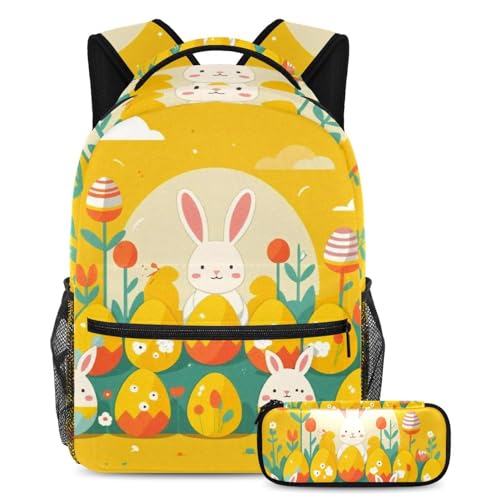 Kinder-Schultaschen-Set für Jungen, Mädchen, Teenager, Rucksack mit Federmäppchen, Reisebuchtasche für Studenten, gelbes Osterhasenei, 2-teilig, mehrfarbig, B：29.4x20x40cm P：19x7.5x3.8cm, von Generisch