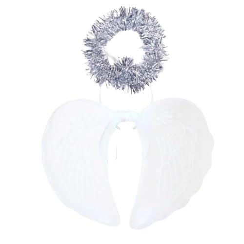 Kinder-Set mit Engelsflügeln und Heiligenschein aus Netz, mattiert, glitzernd, silberfarbener Heiligenschein von Generisch