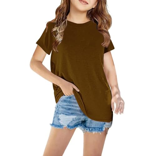 Kinder T-Shirt Baumwolle Kinderkleidung für Mädchen Einfarbig Shirt Mode Sportshirt Casual Kurze Oberteile Atmungsaktiv Kurzarm Top Freizeit Rundhals Croptop Braun 110 von Generisch
