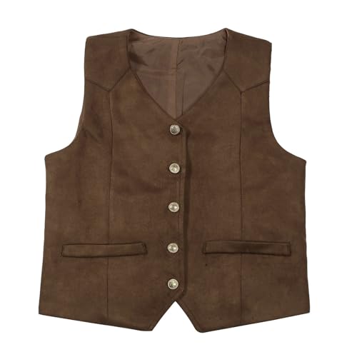 Kinder Weste Jungen Leder Wildleder V Ausschnitt Ärmellose Kostüm Stil Vintage Western Casual Weste Gilet Mit Taschen Und Knöpfen Einfarbig Stretch Leicht Taille Mantel Brown 140 von Generisch