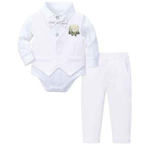 Kinderanzug Jungen Hochzeit Baby Jungen Kleidung Anzüge Infant Gentleman Outfits Formelle Kleidung Hemd + Weste + Hose Baby Anzug Sets Baby Jungen Jumpsuit (White, 3-6 Months) von Generisch