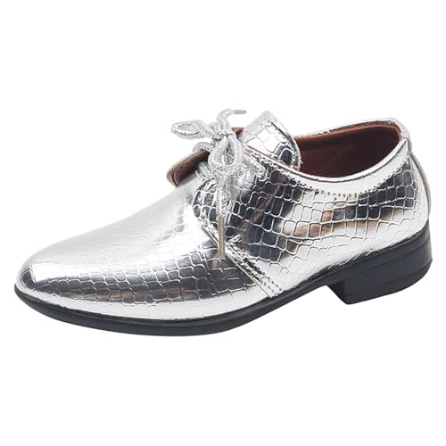 Kinderhausschuhe Junge Jungen-Lederschuhe, Vier Jahreszeiten, Muster, modisch, einfach einfarbig, bequem, rutschfest, zum Schnüren, spitzer Zehenbereich, Tanz- Performance-Schuhe (Silver, 32) von Generisch