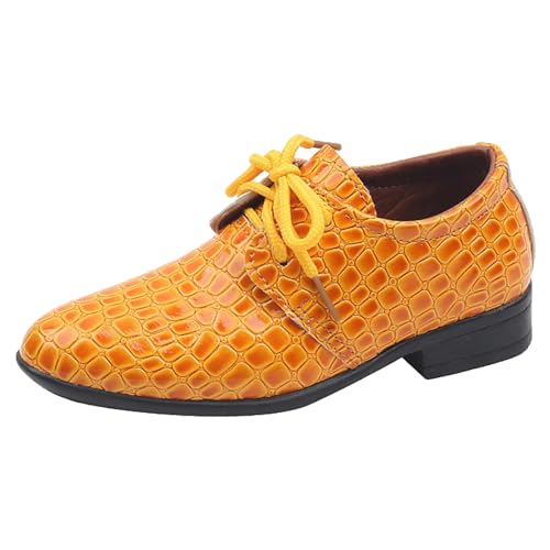 Kinderhausschuhe Junge Jungen-Lederschuhe, Vier Jahreszeiten, Muster, spitzer niedriger Absatz, Bequeme Schnürschuhe, Kleid, Tanz-Performance-Schuhe (Yellow, 37) von Generisch