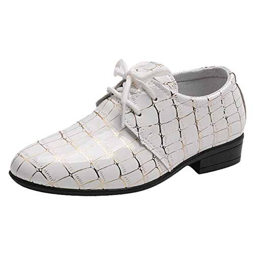 Kinderhausschuhe Junge Mode für alle Jahreszeiten, Jungen-Lederschuhe, Spitze Zehenpartie, niedriger Absatz, Schnürung, Ledernarbung, Bequeme Kleidung, Tanz- Performance-Schuhe (White, 27.5 Toddler) von Generisch