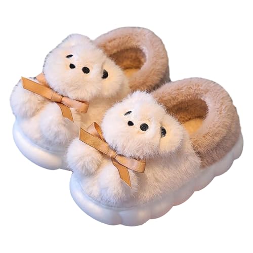 Kinderhausschuhe für Mädchen im Winterstil mit Isolierung, dicker Polsterung, warmer Sohle, Schlupfdesign, Bärenmuster im Cartoon-Stil, geeignet für Eltern und Kinder Hausschuhe (Beige, 34.5 Big Kids) von Generisch